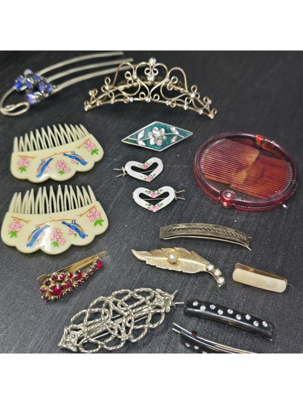 Vtg Hair Barretes Clip Combs Lot Mother Of Pearl Alpaca Lapis Enamel Rhinestone